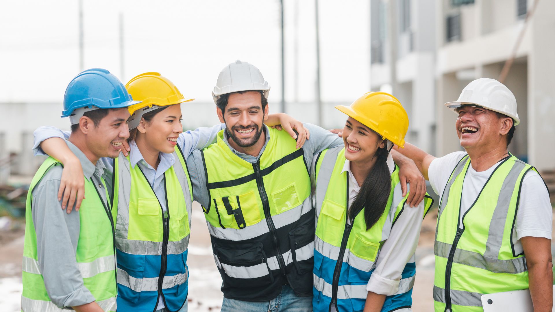 a group of coworker gathering together laughing at workplace